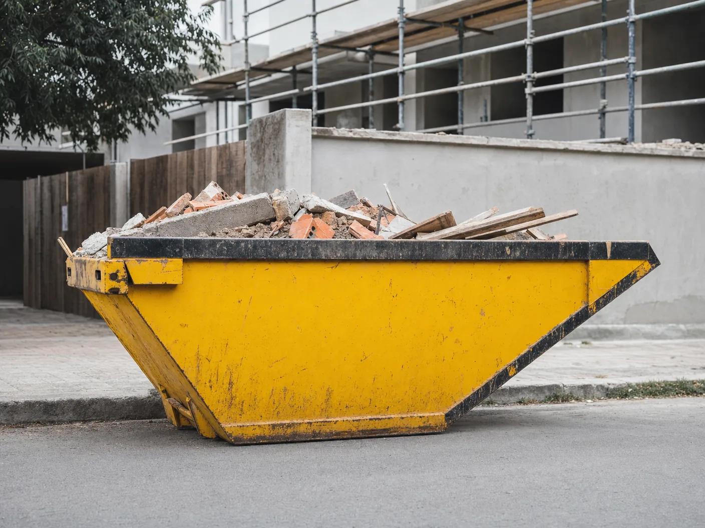 Caçamba amarela de entulho na rua